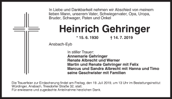 Traueranzeige von Heinrich Gehringer von Ansbach