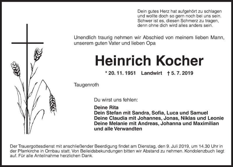  Traueranzeige für Heinrich Kocher vom 06.07.2019 aus Dinkelsbühl/ Feuchtwangen