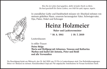 Traueranzeige von Heinz Holzmeier von Ansbach