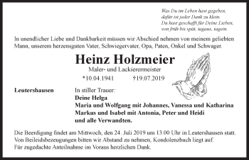Traueranzeige von Heinz Holzmeier von Rothenburg