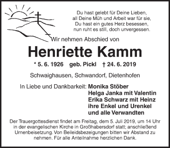 Traueranzeige von Henriette Kamm von Ansbach