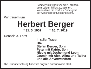 Traueranzeige von Herbert Berger von Dinkelsbühl/ Feuchtwangen