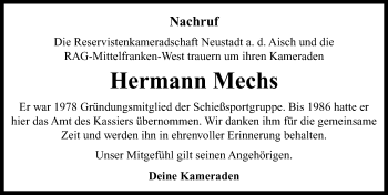 Traueranzeige von Hermann Mechs von Neustadt/ Scheinfeld/ Uffenheim