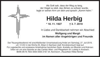 Traueranzeige von Hilda Herbig von Ansbach