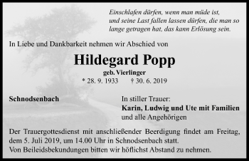 Traueranzeige von Hildegard Popp von Neustadt/ Scheinfeld/ Uffenheim