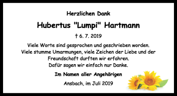 Traueranzeige von Hubertus Hartmann von Ansbach