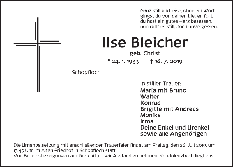  Traueranzeige für Ilse Bleicher vom 24.07.2019 aus Dinkelsbühl/ Feuchtwangen