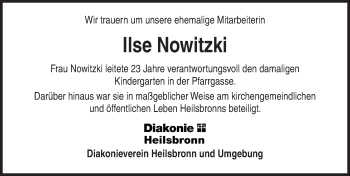 Traueranzeige von Ilse Nowitzki von Ansbach