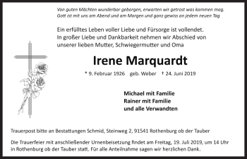 Traueranzeige von Irene Marquardt von Rothenburg