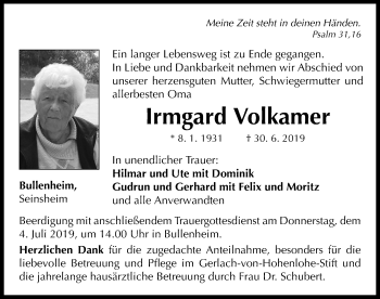 Traueranzeige von Irmgard Volkamer von Neustadt/ Scheinfeld/ Uffenheim