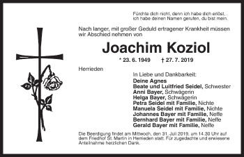 Traueranzeige von Joachim Koziol von Dinkelsbühl/ Feuchtwangen