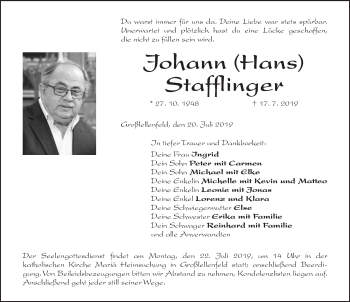 Traueranzeige von Johann  Stafflinger von Dinkelsbühl/ Feuchtwangen