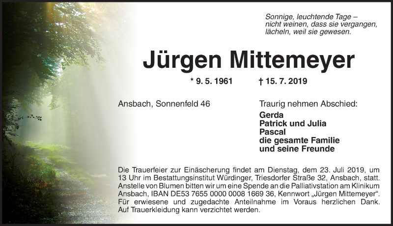  Traueranzeige für Jürgen Mittemeyer vom 19.07.2019 aus Ansbach