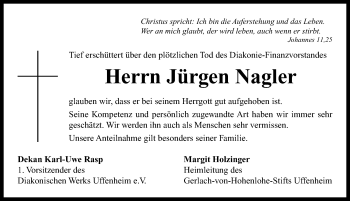 Traueranzeige von Jürgen Nagler von Neustadt/ Scheinfeld/ Uffenheim