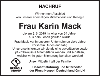 Traueranzeige von Karin Mack von Dinkelsbühl/ Feuchtwangen