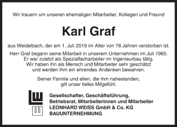 Traueranzeige von Karl Graf von Dinkelsbühl/ Feuchtwangen