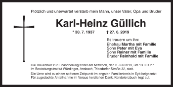 Traueranzeige von Karl-Heinz Güllich von Ansbach