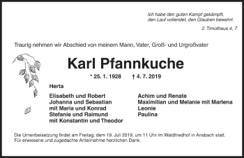 Traueranzeige von Karl Pfannkuche von Ansbach