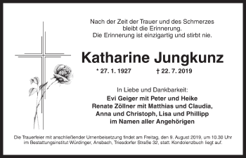 Traueranzeige von Katharine Jungkunz von Ansbach