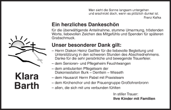 Traueranzeige von Klara Barth von Dinkelsbühl/ Feuchtwangen