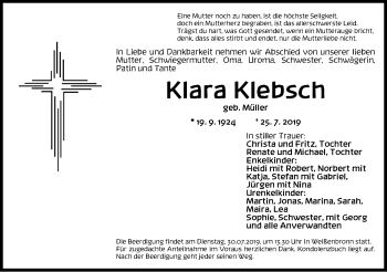 Traueranzeige von Klara Klebsch von Ansbach