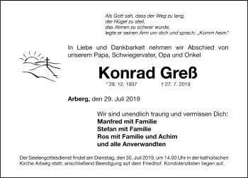 Traueranzeige von Konrad Greß von Dinkelsbühl/ Feuchtwangen