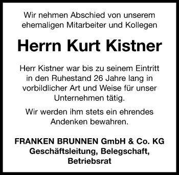 Traueranzeige von Kurt Kistner von Neustadt/ Scheinfeld/ Uffenheim