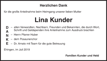 Traueranzeige von Lina Kunder von Dinkelsbühl/ Feuchtwangen