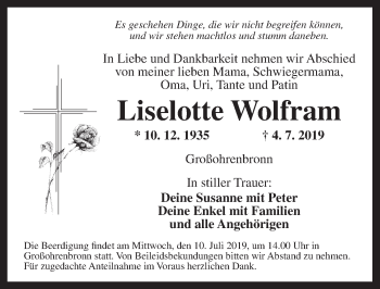 Traueranzeige von Liselotte Wolfram von Dinkelsbühl/ Feuchtwangen