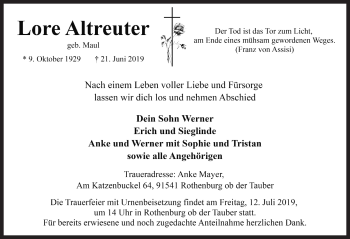 Traueranzeige von Lore Altreuter von Rothenburg