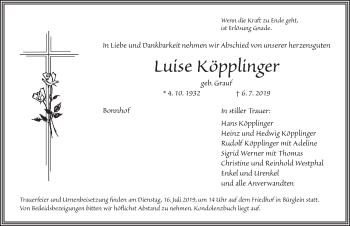 Traueranzeige von Luise Köpplinger von Ansbach