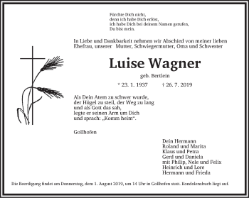 Traueranzeige von Luise Wagner von Neustadt/ Scheinfeld/ Uffenheim