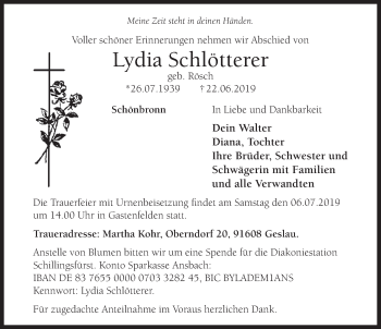 Traueranzeige von Lydia Schlötterer von Rothenburg