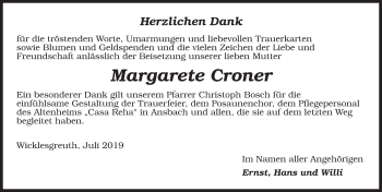 Traueranzeige von Margarete Croner von Ansbach