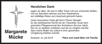Traueranzeige von Margarete Mücke von Ansbach
