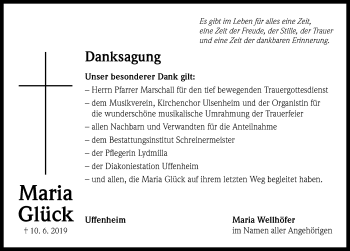 Traueranzeige von Maria Glück von Neustadt/ Scheinfeld/ Uffenheim