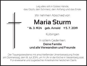 Traueranzeige von Maria Sturm von Ansbach