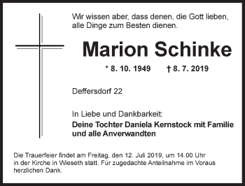 Traueranzeige von Marion Schinke von Dinkelsbühl/ Feuchtwangen