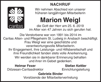 Traueranzeige von Marion Weigl von Ansbach