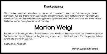 Traueranzeige von Marion Weigl von Ansbach