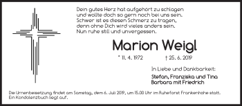 Traueranzeige von Marion Weigl von Ansbach