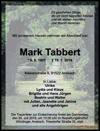 Traueranzeige von Mark Tabbert von Ansbach