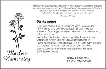Traueranzeige von Marlies Hamerslag von Dinkelsbühl/ Feuchtwangen
