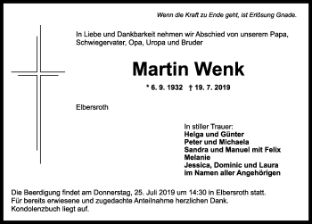 Traueranzeige von Martin Wenk von Dinkelsbühl/ Feuchtwangen