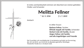 Traueranzeige von Melitta Fellner von Ansbach