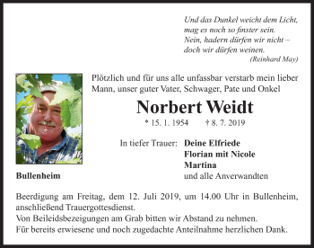 Traueranzeige von Norbert Weidt von Neustadt/ Scheinfeld/ Uffenheim