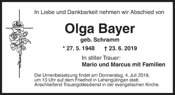 Traueranzeige von Olga Bayer von Dinkelsbühl/ Feuchtwangen