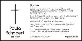 Traueranzeige von Paula Schabert von Dinkelsbühl/ Feuchtwangen