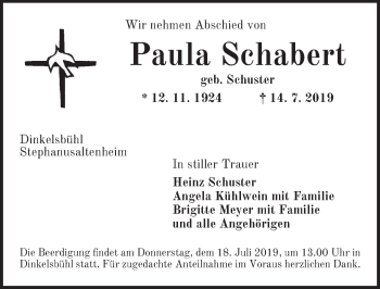 Traueranzeige von Paula Schabert von Dinkelsbühl/ Feuchtwangen