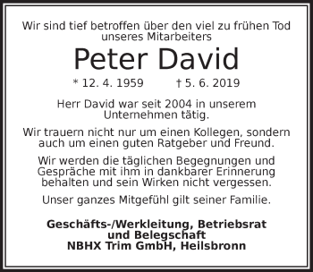 Traueranzeige von Peter David von Ansbach